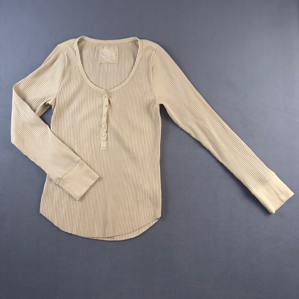 Aerie Women Tan Ribbed Long Sleeve Henley Top 078-5493-3532 XL NEW